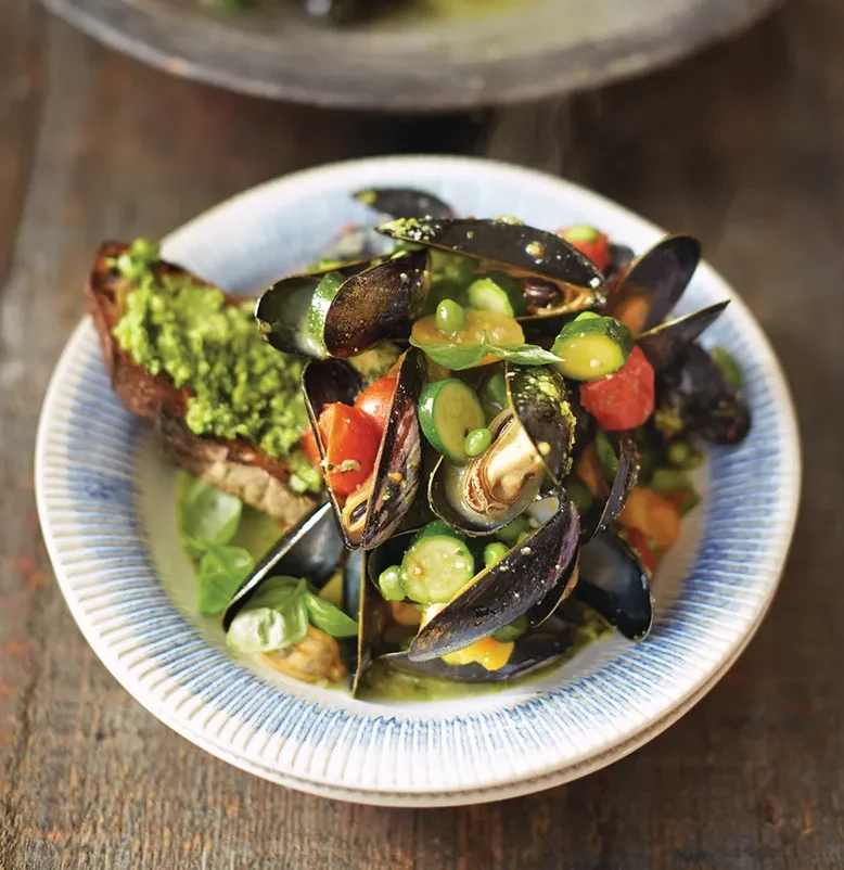 Pesto Mussels & Toast Deliver Fish